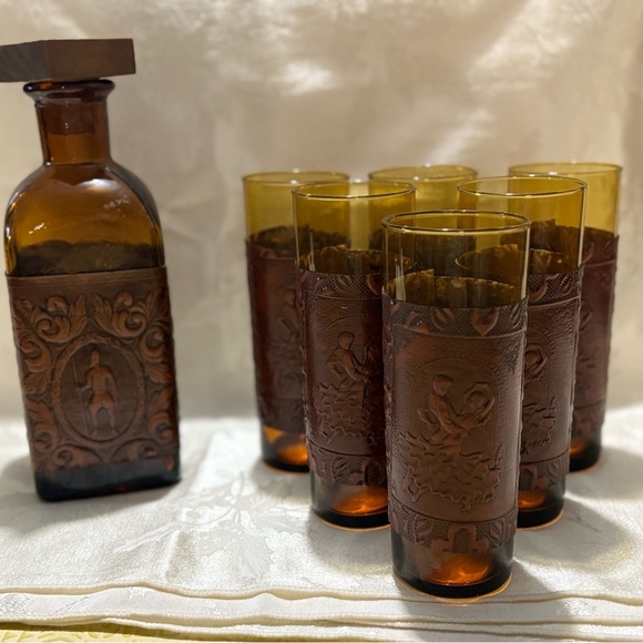 Vintage Amber Glass Decanter Set with Leather Wrap - Picture 1 of 14